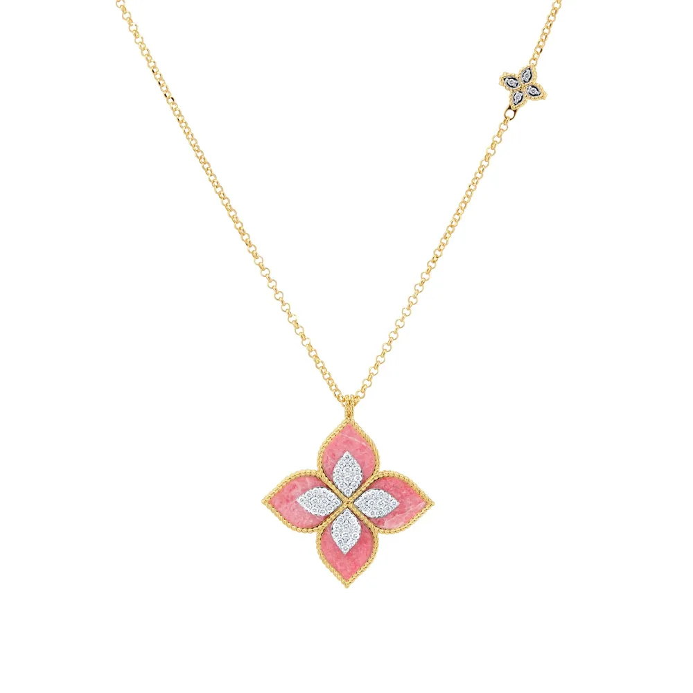 Roberto Coin Princess Flower 18ct Yellow Gold Rhodonite & 0.76ct Diamond Pendant