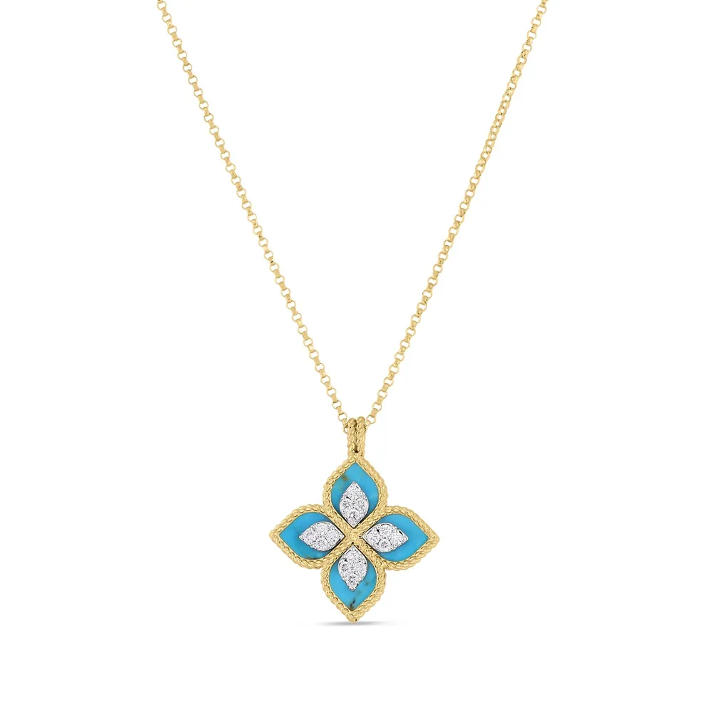 Roberto Coin Princess Flower 18ct Yellow Gold Turquoise & 0.18ct Diamond Pendant Necklace