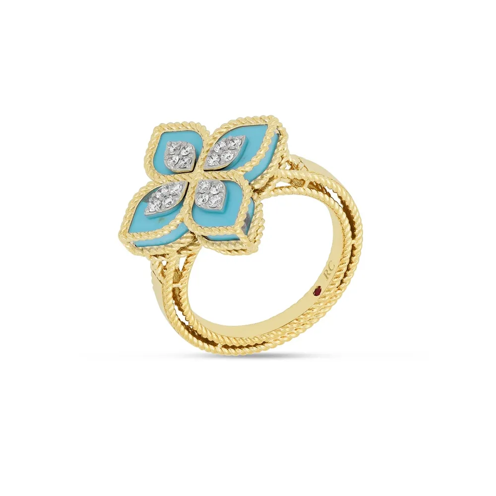 Roberto Coin Princess Flower 18ct Yellow Gold Turquoise & 0.18ct Diamond Ring