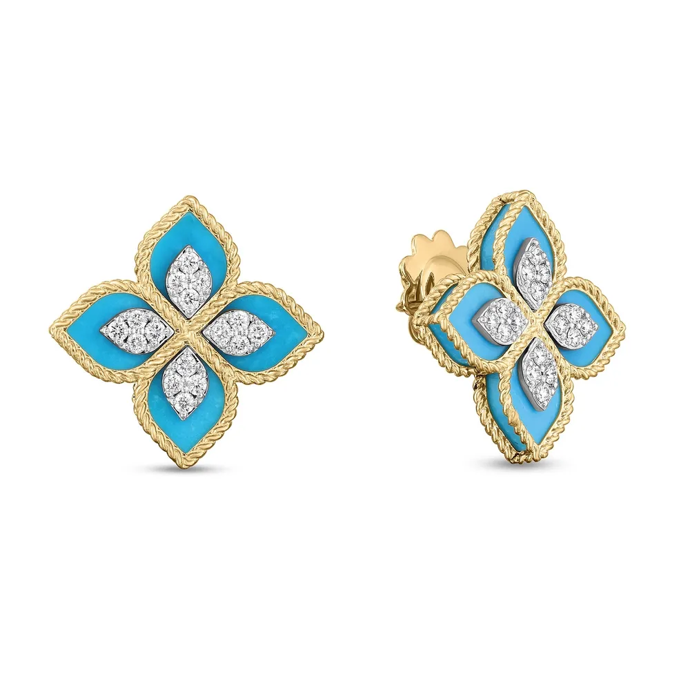 Roberto Coin Princess Flower 18ct Yellow Gold Turquoise & 0.36ct Diamond Stud Earrings