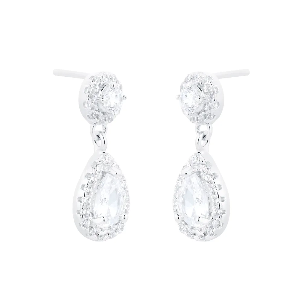 Silver Cubic Zirconia Drop Pear Halo Stud Earrings