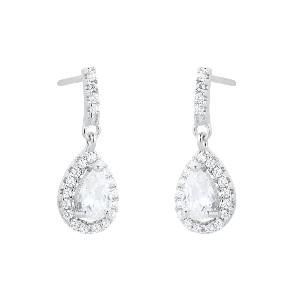 Silver Cubic Zirconia Halo Pear Drop Earrings