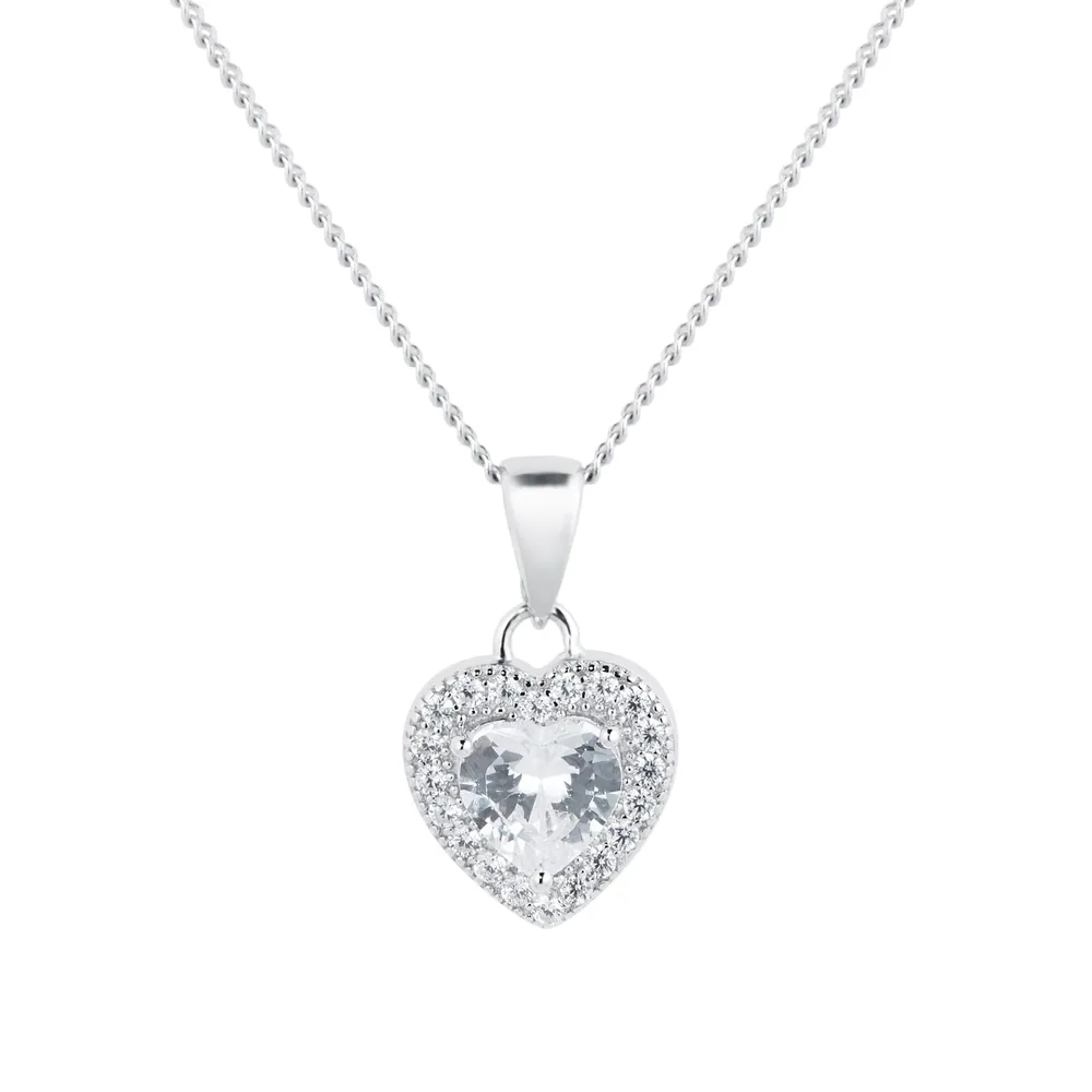 Silver Cubic Zirconia Heart Halo Pendant