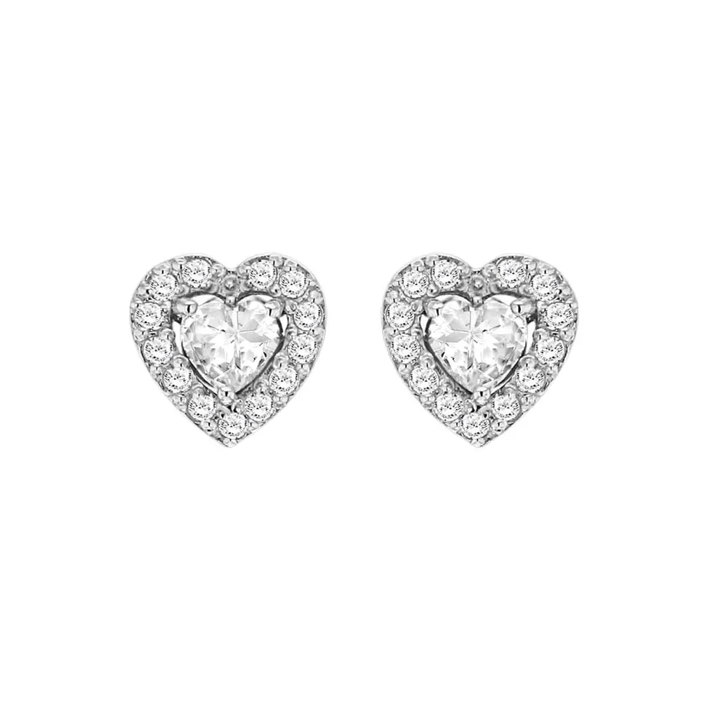 Silver Cubic Zirconia Heart Halo Stud Earrings