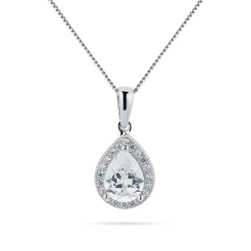 Silver Cubic Zirconia Pear Halo Pendant