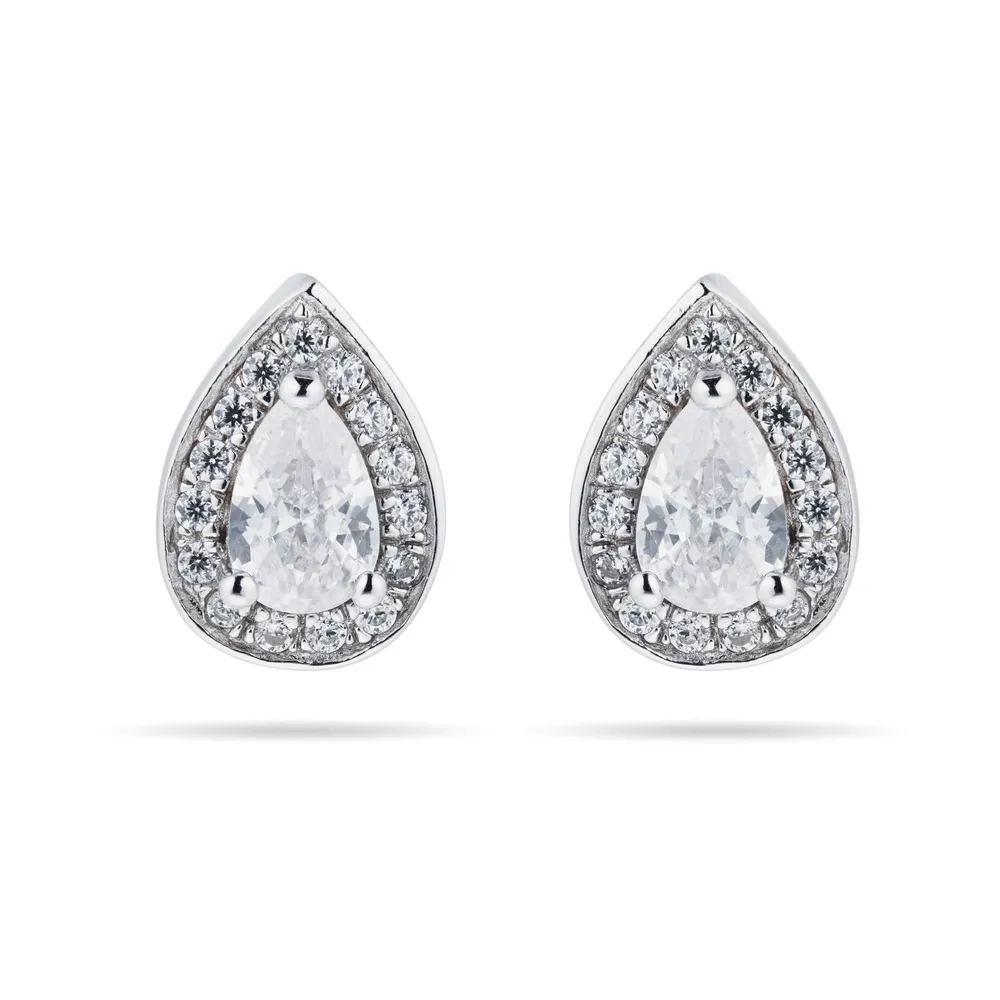 Silver Cubic Zirconia Pear Halo Stud Earrings