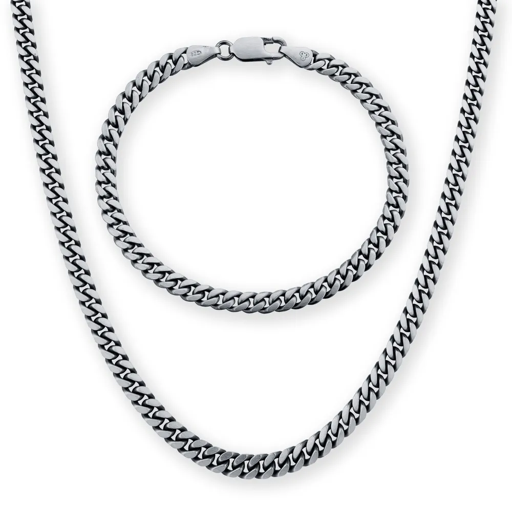 Silver Mens Oxidised Curb Necklace & Bracelet Set