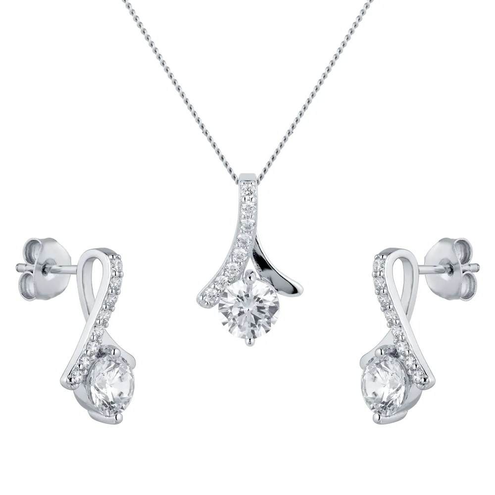 Silver Ribbon Cubic Zirconia Pendant & Earrings Set