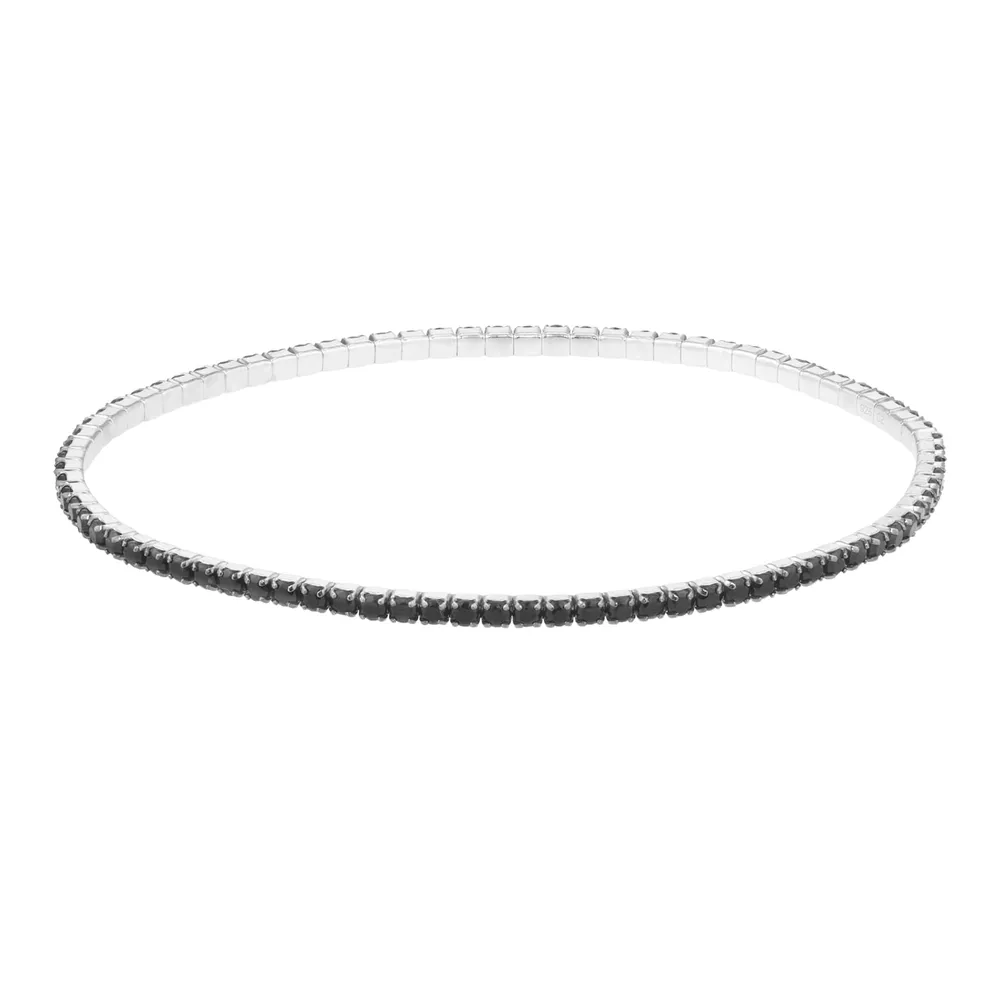 Sterling Silver 2mm Black Cubic Ziconia Stretch Bracelet - Bracelet Size Medium