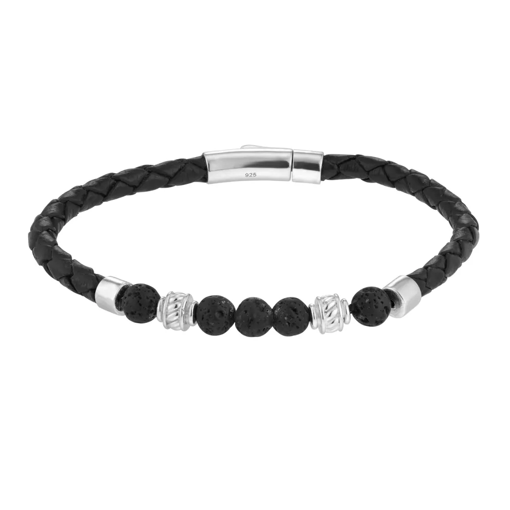 Sterling Silver Black and Silver Bead Black Leather Bracelet