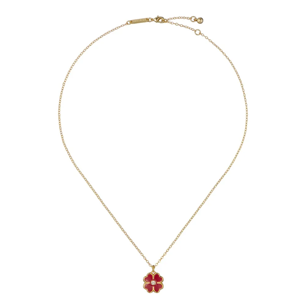 Ted Baker Yellow Gold Coloured Fern Red Enamel Flower Crystal Pendant Necklace