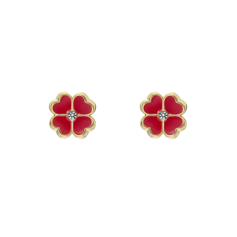 Ted Baker Yellow Gold Coloured Freya Red Enamel Flower Crystal Stud Earrings