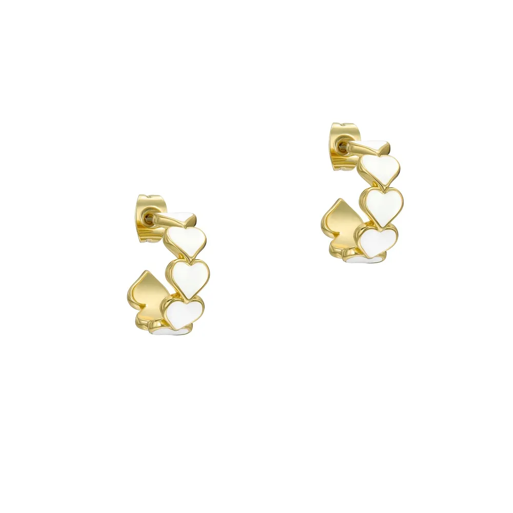 Ted Baker Yellow Gold Coloured Hannah White Enamel Heart Hoop Earrings